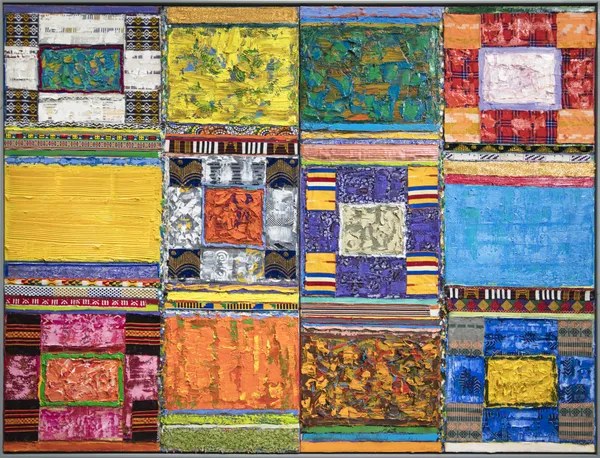 Shifting Layers, 2025, by Tegene Kunbi — colourful paint and textile arranged in geometric sections